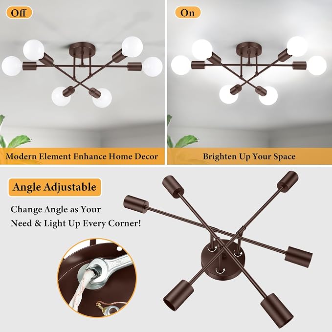 Modern Sputnik Chandelier Ceiling Light Fixture 6-Light, Brown | Bedroom Sputnik Ceiling Light Fixture for Living Room, Dining Room, Kitchen, Office, Foyer, Hallway - E26 Base