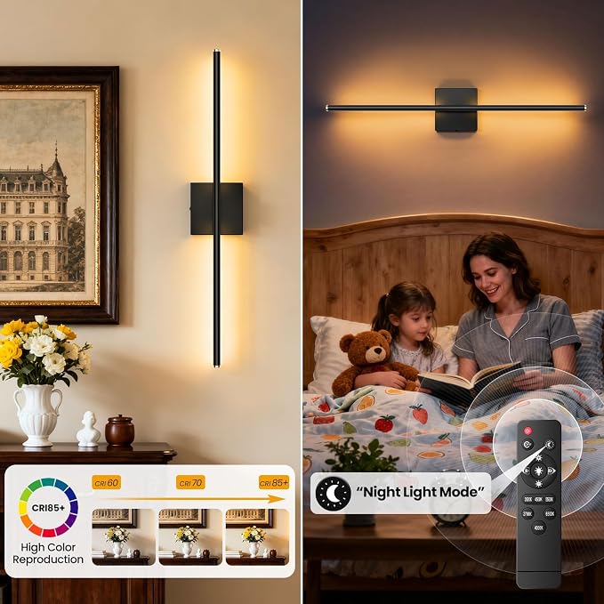 28 Inch Hardwired Wall Sconces Set of Two, Modern Black Wall Lights | 2700K-6500K,LED Wall Sconce With Remote,350°Rotatable ,Memory Function,Dimmable for Living Room, Hallway, Bedroom