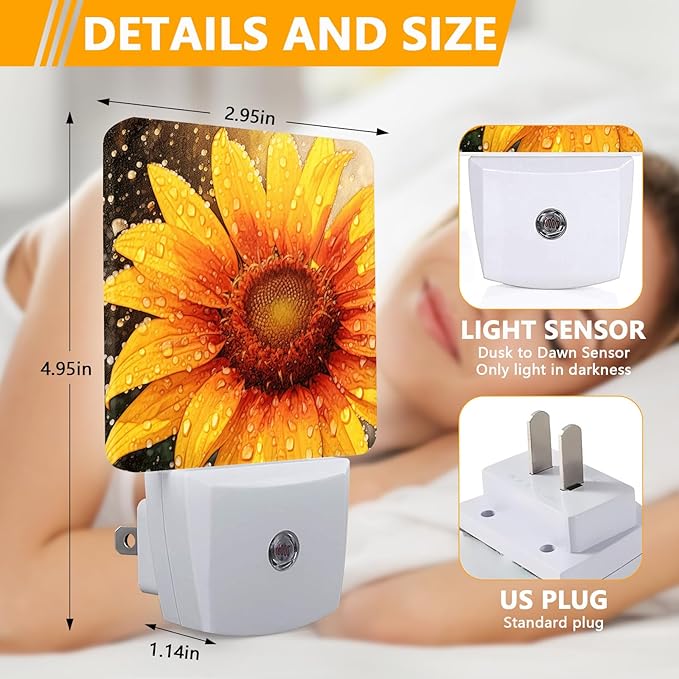 Sunflower Raindrops Night Light, Plug-into Nightlight White LED Lamp, Energy Efficient Decor Desk Lamp for Bedroom Hallway Stairs Bathroom