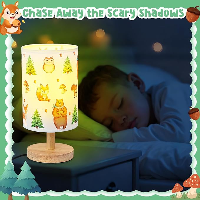Woodland Animals Table Lamp - Woodland Kids Bedside Lamp with Linen Wooden Nightstand Cartoon Nursery Lampshade for Kids Room Decor