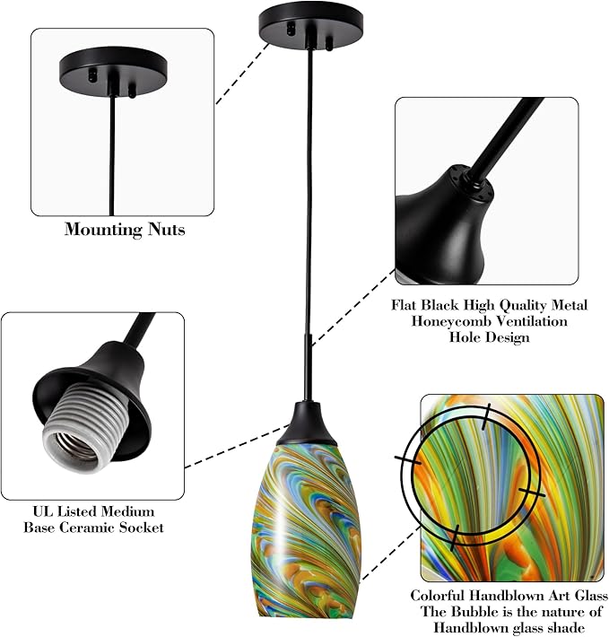 Viinew Mini Glass Pendant Light 4.72" Colorful Oval Pendant Lights | 1-Pack Handblown Art Glass Hanging Pendant Light for Kitchen Island Dining Room Living Hallway Black Metal
