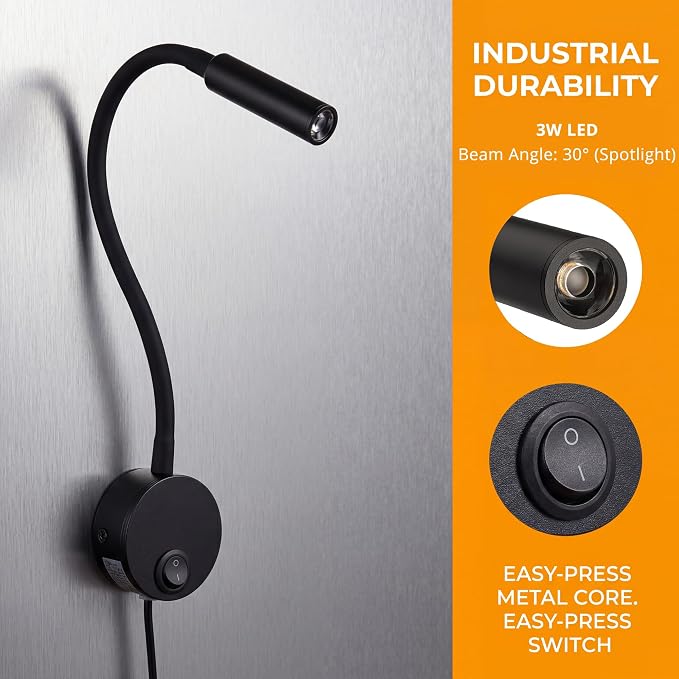 2-Pack Wall Mounted LED Reading Lamp Focused 25° Spotlight for Bedroom headboard Marine Cabin Boat Yacht Interior Light Hotel Suite Hospital Patient Room Bedside Sconce 4.92ft Cord