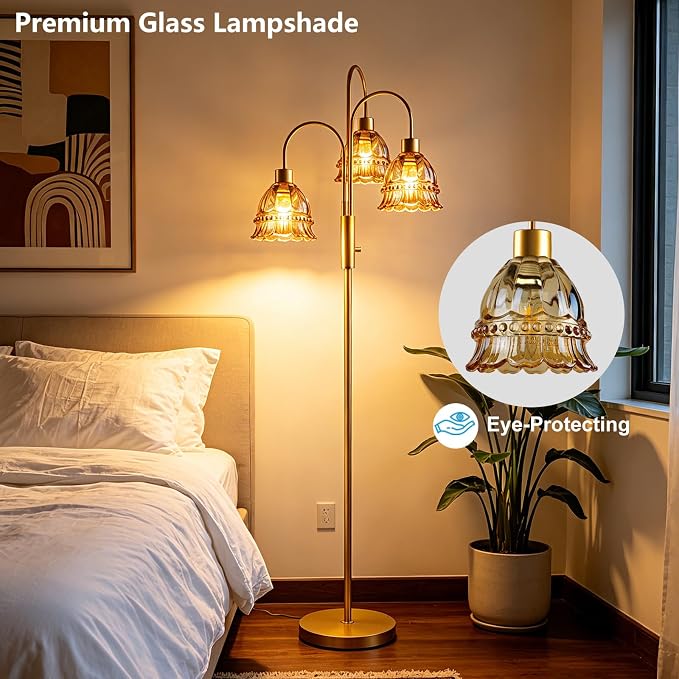 3-Light Glass Floor Lamp with Amber Ribbed Glass Shades, 70" Gold Dimmable Tall Standing Lamp with 3PCS 3000K Warm White Bulbs, Modern Tree Pole Lamp for Living Room Bedroom Home Office Corner Decor