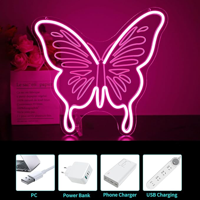 Butterfly Neon Sign - HSJNJKFU LED Neon Signs for Wall Decor Pink Light Sign with Engraved Design, LED Signs for Bedroom, Classroom, School Room Decor, USB Powered
