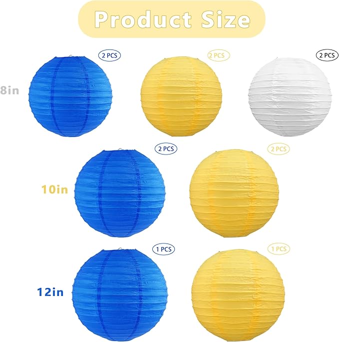 BEISHIDA Blue Yellow White Round Paper Lanterns Decorative Hanging Asia Chinese Japanese Paper Lanterns Lamp for Birthday Graduation Baby Shower Wedding Home Decor Outdoor Party Decoration(12Packs)
