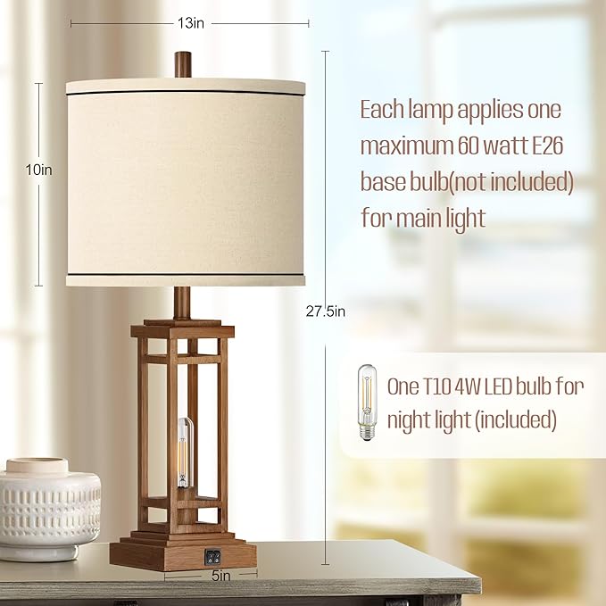 ROTTOGOON 27.5 Tall Farmhouse Table Lamps with USB C + USB A Charge Ports, Rustic Living Room Lamps Set of 2, Black Industrial End Table Lamp for Bedroom Living Room Nightstand (Wood)