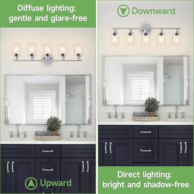 5-Light Bathroom Light Fixtures, Modern Chrome Vanity Lights for Bathroom with Clear Glass Shade, Wall Lamps for Mirror Hallway Kitchen Cabinet Living Room Sconces Lights