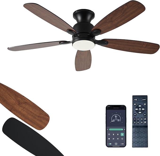 52inch Low Profile Ceiling Fan with Light and Remote/APP Control,Reversible DC Motor,Noiseless,Dimmable,Modern Flush Mount Ceiling Fan for Bedroom,Indoor/Outdoor Use(Brown)