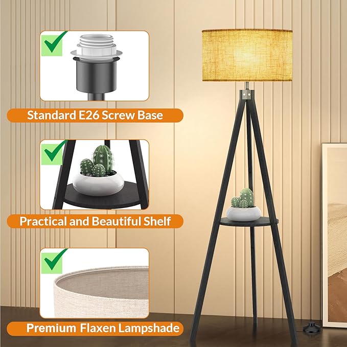 LEPOWER Shelf Floor Lamp Tripod Mid Century Modern Lamps for Living Room | Light-Diffusing Linen Shade, Premium Rubberwood, E26 Base, Foot Switch, Adding Warmth to Bedroom, Office & Study Corner Black