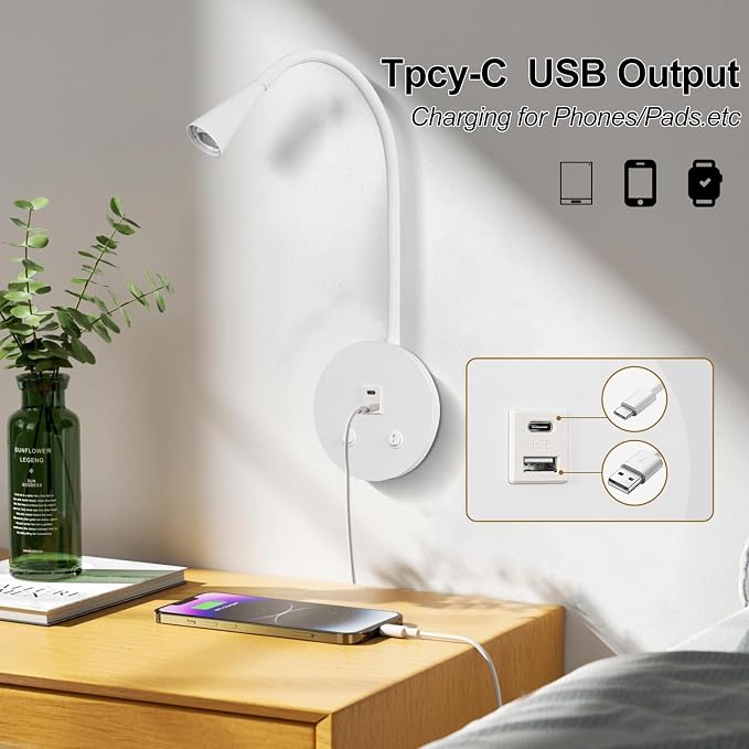 White Headboard Reading Light, 2 Pack Led Wall Mounted Book light, Bedroom Reading Lamp, USB Output, Night Light & Switch, Wall Sconce for Bedtime Reading, Gooseneck Headboard Bed Lights Wall Sconce