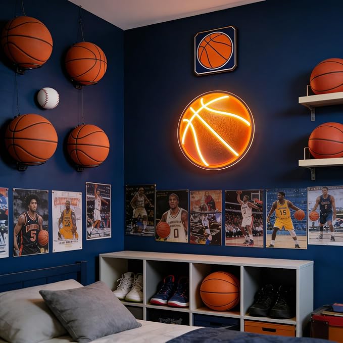UV Printed Basketball Neon Sign Light Up Basketball Sports Neon Light Dimmable Led Basketball Gifts for Boys Fans Bedroom Man Cave Game Room for Wall Decor Aesthetic