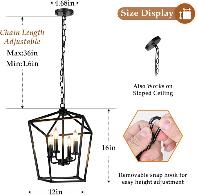 Black Farmhouse Chandelier, 4-Light Foyer Lighting Fixtures for Dining Room | Industrial Kitchen Lantern chandelier Over Table, Pendant Island Ceiling Light for Entryway, Metal Cage Adjustable Height