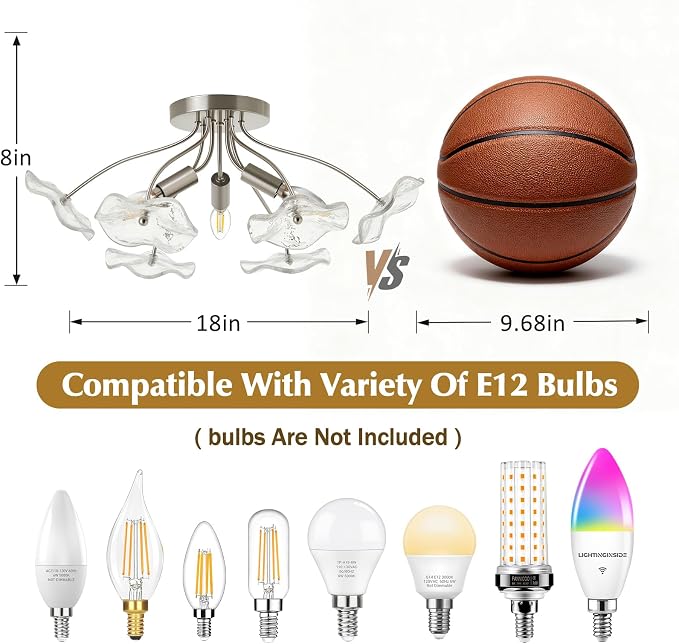 Luvkczc Semi Flush Mount Ceiling Light, Brushed Nickel Ceiling Light Fixture, Modern Floral Glass Lighting for Kitchen Entryway Hallway Bathroom Bedroom Foyer, 3 Light E12 Socket