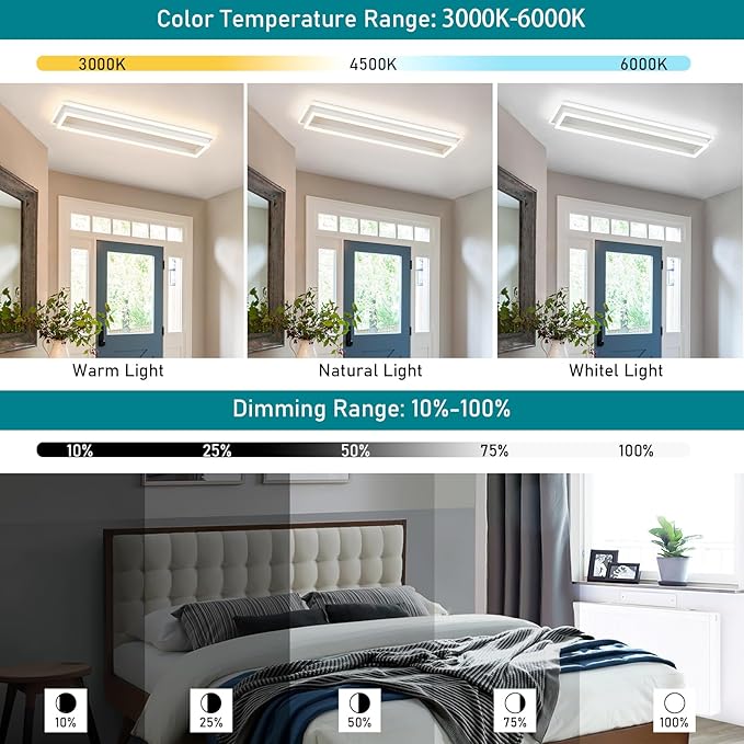 Dimmable Led Ceiling Light with Remote Control 31.5in Modern Linear Flush Mount Ceiling Lighting Fixture Acrylic Long Ceiling Lamp for Living Room Kitchen Dining Room Hallway (White)
