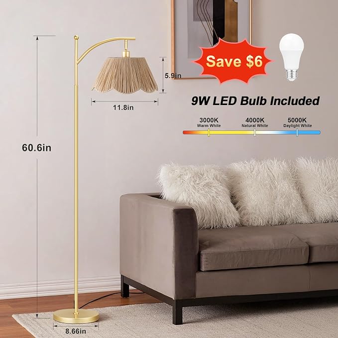 60" Floor Lamps for Living Room with 3 Color Temperatures, Gold Floor Lamp with Rattan Shade, Modern Tall Lamps for Bedroom Office, 9W LED Bulb Included