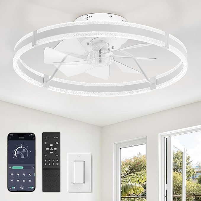 LEDIARY 24'' Modern Low Profile Ceiling Fans with Lights and Remote, White | 3000-6000K Dimmable LED, 6 Wind Speeds, Quiet Reversible DC Motor, Small Flush Mount Fandelier for Bedroom, Living Room
