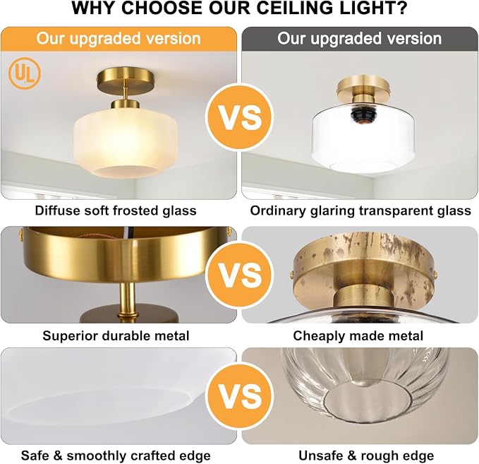 Industrial Gold Matte Light Fixtures Ceiling Mount, with Frosted Glass Shades Semi Flush Mount Ceiling Light, for Hallway Fixtures Kitchen, Foyer