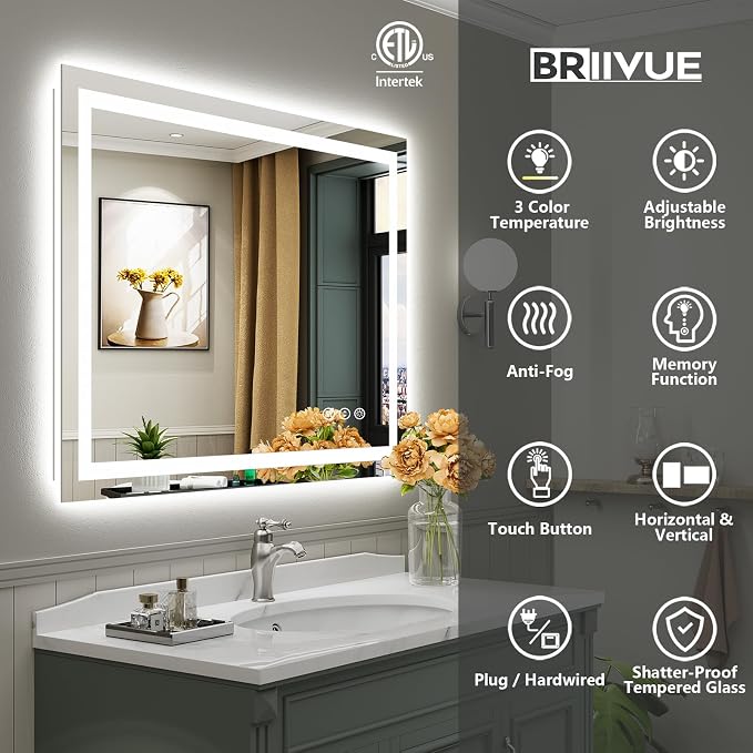 48x40 Inch LED Bathroom Mirror with Lights, Backlit & Front Lit | Anti-fog, 3 Color Dimmable, Memory Function, HD Reflection Tempered Glass, ETL Listed, IP54 Waterproof