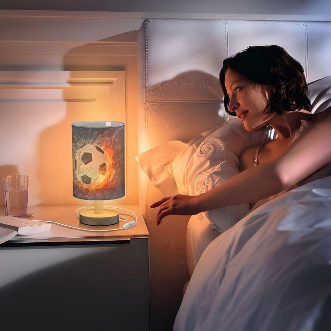 Table Lamp Soccer Ball in Fire Flame Water Sport Design American Football Nightstand Lamp with Wood Base Fabric Lamp Shade Bedside Desk Lamp for Living Room Bedroom Kids Room Office