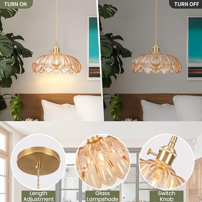 Pendant Lights Kitchen Island,Amber Glass Vintage Light Fixtures,9.8inch E26 Adjustable Hanging Light Flower Finish Ceiling Hanging Lamp for Bedroom Living Room Hallway 1 Light