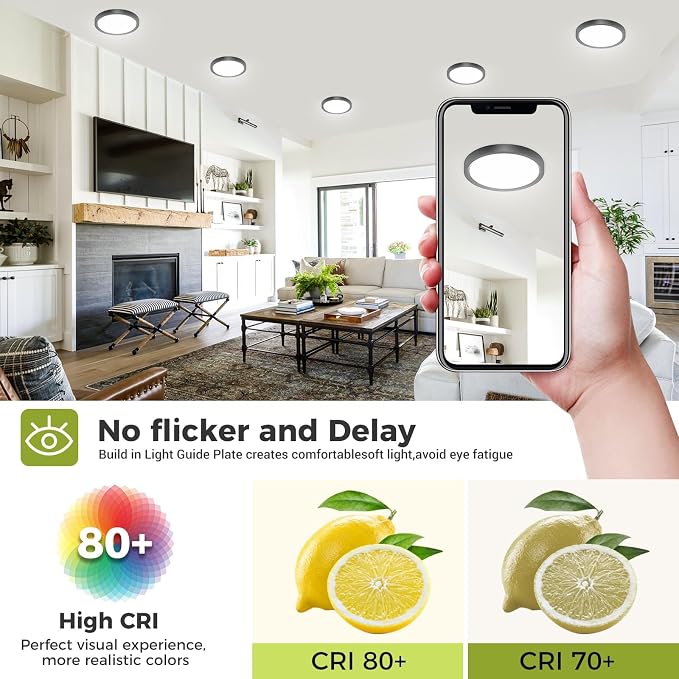 hepside 6PACK Flush Mount LED Ceiling Light Fixture Black, 6.5Inch 12Watt, Dimmable & 3000K-4000K-6500K Ceiling Lamp 1200LM Low Profile Ceiling Light for Kitchen Bedroom Hallway Porch