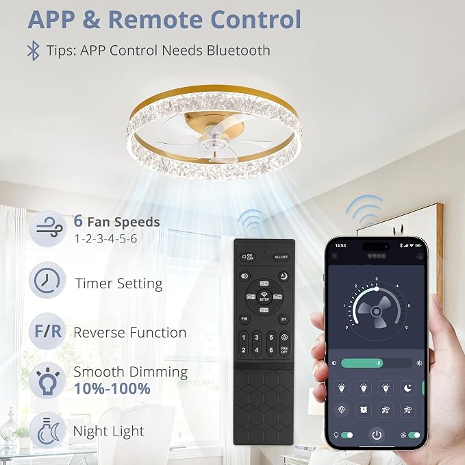 LEDIARY 22" Ceiling Fans with Lights and Remote, Fandelier Gold | 3CCT, 6 Speeds, Dimmable Low Profile, Flush Mount Ceiling Fan, Timer, Reversible, Memory, Bedroom, Living Room, Kitchen