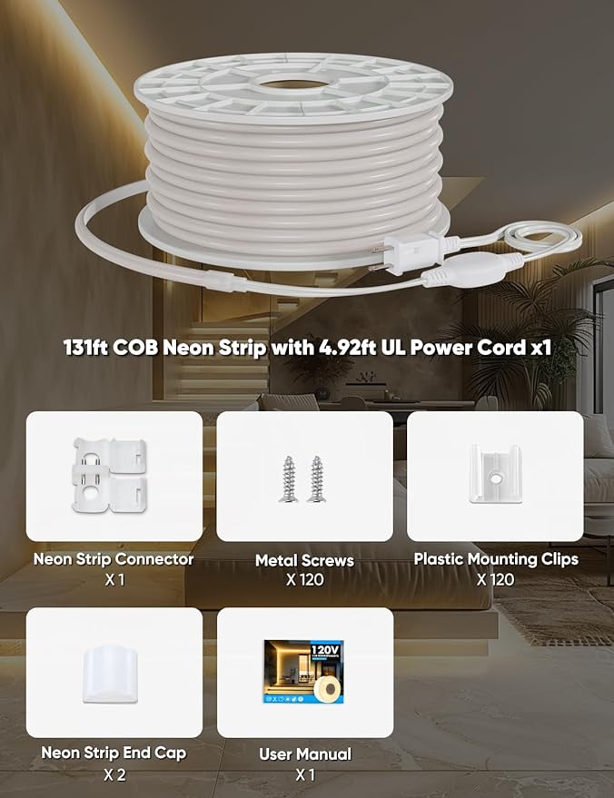 COB Led Neon Rope Lights 131ft 2800K Warm White, 110-120V Outdoor Waterproof Lighting Strip 600lm/m Super Bright, Cuttable and Adhesive, for Roof Bedroom Garden Commercial