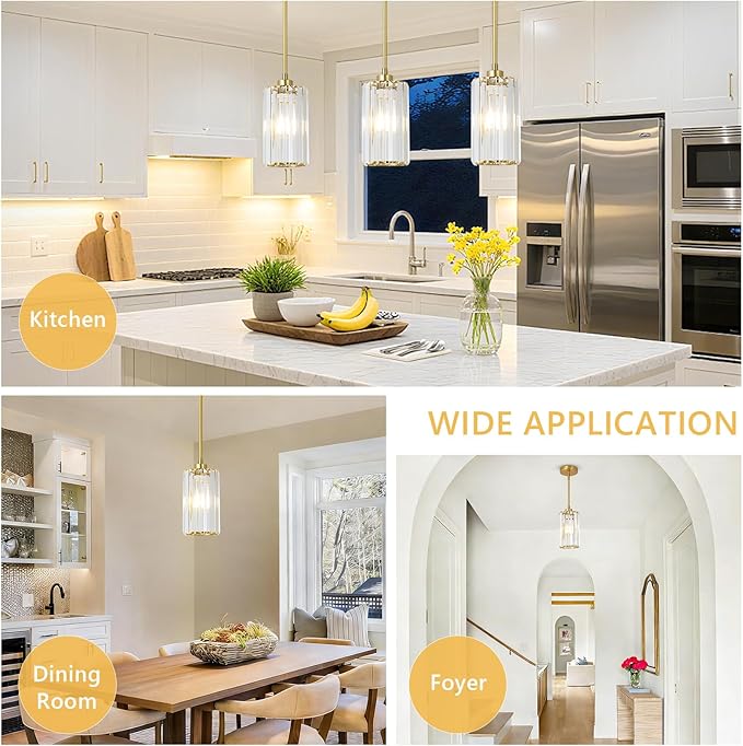3 Pack Gold Pendant Lights Kitchen Island, Modern Pendant Lighting with Clear Crystal Shade, Vintage Brass Chandelier Light Fixtures Ceiling Hanging for Dining Room Bedroom Foyer Hallway