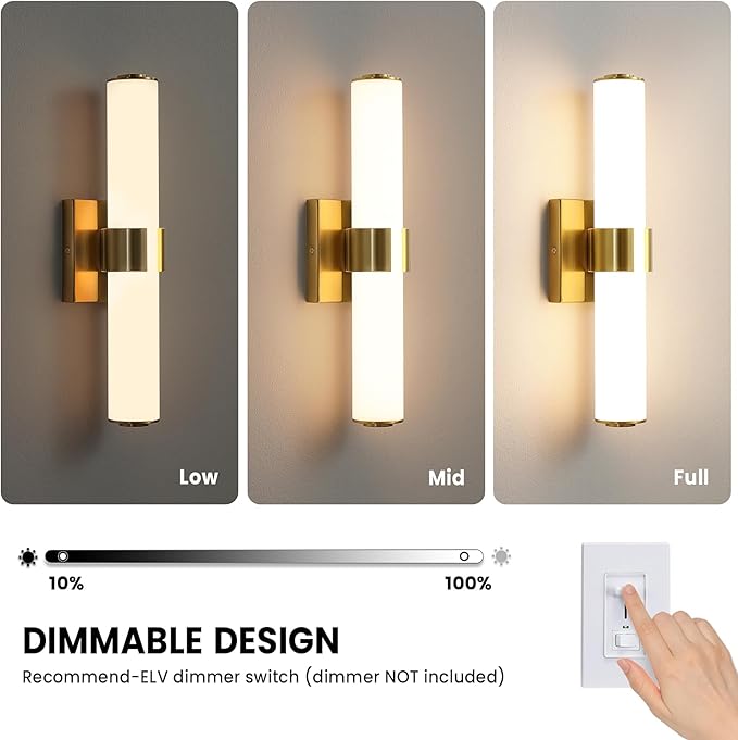 Gold Bathroom Light Fixtures - 16 Inch Modern Vanity Light 15W 5CCT Dimmable LED Bathroom Sconce with Acrylic Shade, Indoor Vanity Lighting Fixtures Over Mirror