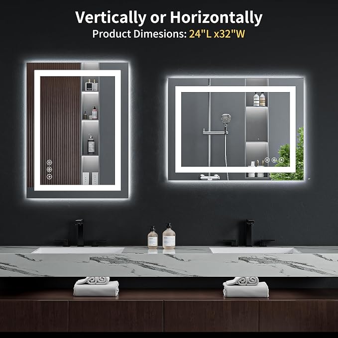 24"x32" LED Bathroom Mirror with Lights, Backlit+Frontlit, Anti-Fog | CRI 95, Stepless Dimmable, 3 Colors Lighting, Shatterproof Tempered Glass, HD Reflection, Memory, (Horizontal/Vertical)