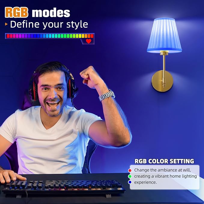 14.5 inch Battery Operated Wall Sconce Set of 2,Beige Gold Rechargeable Wall Lights with 10400mAh Dimmable Bulbs and Remote,10 Colors Wireless Wall Lamps for Bedroom Living Room