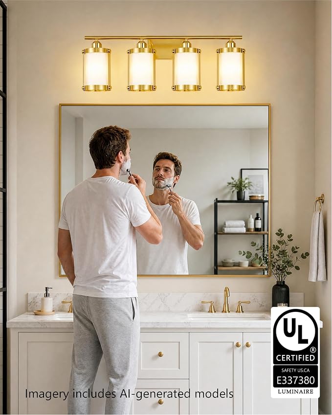 4-Light Brushed Gold Bathroom Light Fixtures with Milk White Frosted Glass, 29" UL-Listed Modern Wall Sconce Over Mirror with Metal Cage for Bath, Hardwire E26, OS-3014BGW-4W