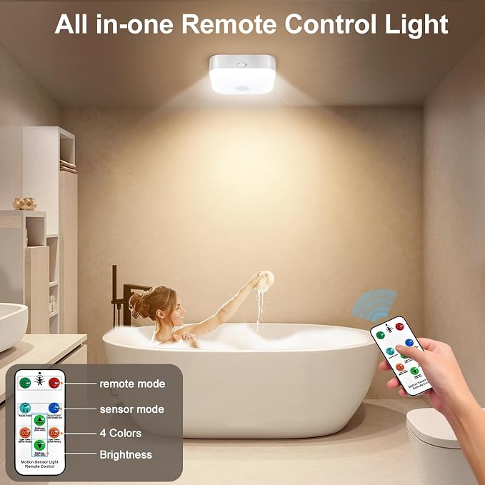 Rechargeable Motion Sensor Ceiling Light Indoor Closet Light with Remote | Battery Operated Ceiling Light with Timer - Wireless Dimmable Magnetic Mount Shower Lamp for Bathroom/Stairs/Garage/Hallway