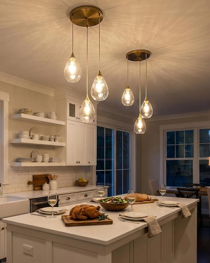 Brushed Gold 3-Light Pendant Lighting, Modern Dining Room Light Fixture Over Table with Hammered Glass, Cluster Hanging Lights for Kitchen Island Dining Room