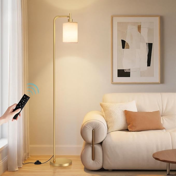 Ziisee 64" Floor Lamp for Living Room with Remote Control, Beige Shade with Gold Pole, Dimmable Tall Lamps for Bedroom Office Corner, 9W LED Bulb Included