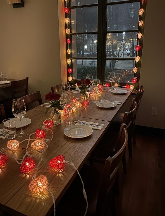 8.5ft Valentine’s Day Heart String Lights Plug in, Valentines Decoration | 10 LED Red White Shatterproof Vintage Rattan, Indoor Fairy Lights for Home Decor Wedding Outdoor Party, Warm White