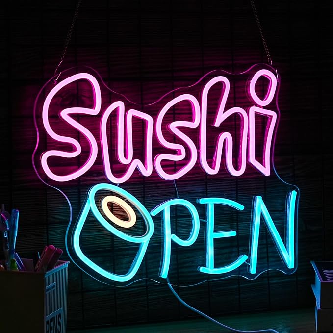 Sushi Open Neon Sign for Wall Decor - Dimmable LED Open Sign for Business - USB Powered Light for Sushi Shop, Restaurant, Kitchen, Home Decor