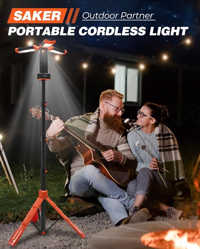 Saker Portable Camping Light with Stand 12000mAh 73.2" Work Light LD10 | 3200 Lumen,with Bag, Adjustable Height,Rechargeable,4 Lighting Modes, for Garage, Outdoor, Emergency Power Outages, Fishing