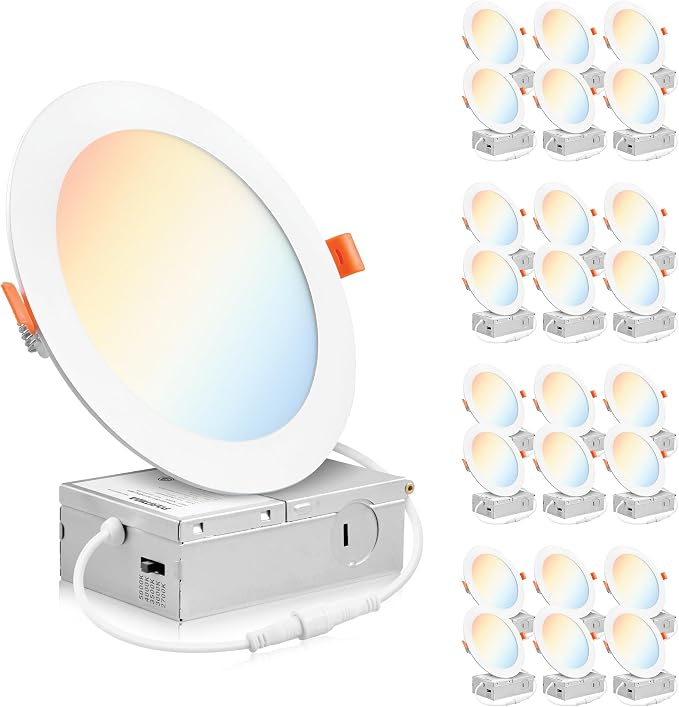 PARMIDA (24 Pack) 6 Inch 5CCT Ultra-Thin LED Recessed Ceiling Light with Junction Box, 5 Color Selectable 2700K/3000K/3500K/4000K/5000K, 12W, Dimmable Canless Wafer Slim Panel Downlight, IC Rated, ETL