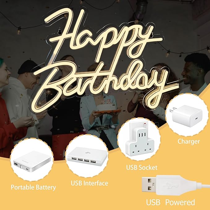 Happy Birthday Neon Signs,Adjustable LED Neon Light Sign Backdrop powered by USB,Light Up Colorful Bday Neon Lights for Backdrop All Birthday Party,Wall Decor,Gifts,Celebration Decoration(Warm White)