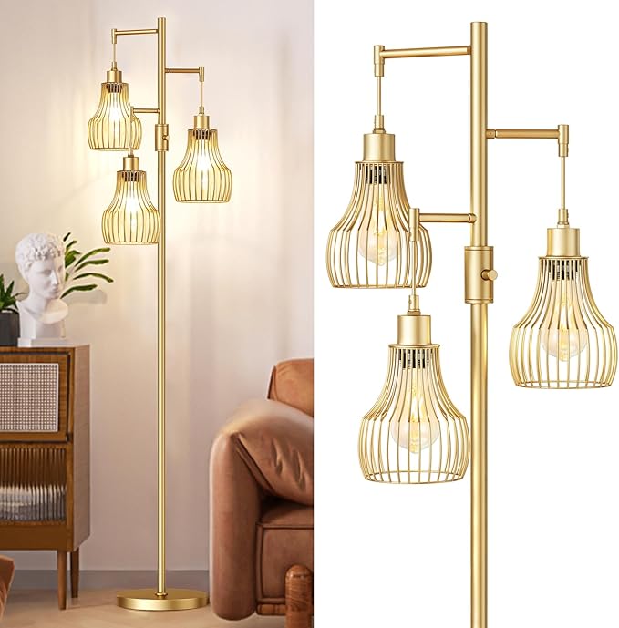 Ziisee Dimmable Gold Floor Lamps for Living Room, 70" Farmhouse Tree Standing Tall Lamps with 3 Elegant Cage Shade & 800 Lumens LED Bulbs for Bedroom Office