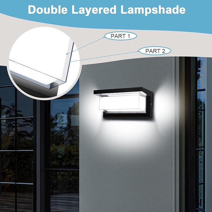 6000K Porch Lights Outdoor, 18W 1800LM LED Wall Light 2 Pack | IP65 Waterproof Anti-Rust Aluminum Modern Exterior Fixtures for Over Door, Garage, Patio