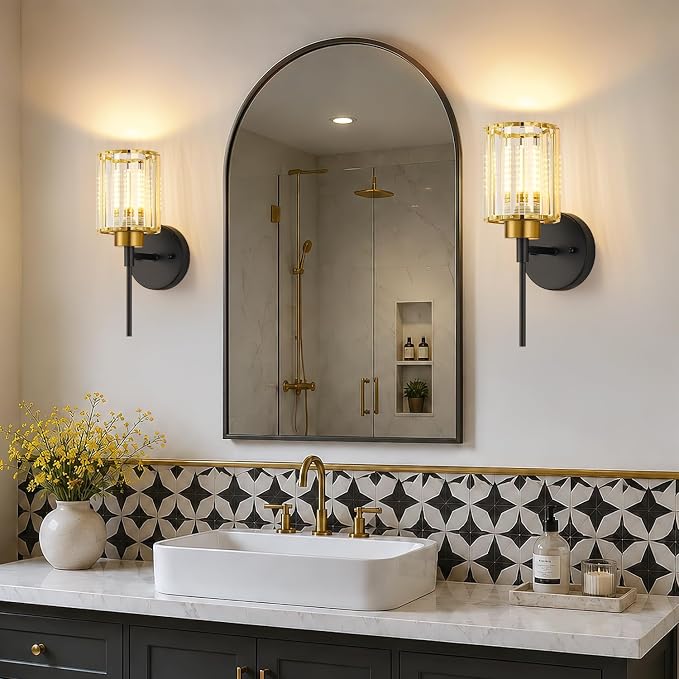 Bathroom Wall Sconces Set of 2, Black & Gold Wall Lights with Clear K9 Crystal Shades, Bathroom Light Fixtures for Bedroom, Living Room, Hallway