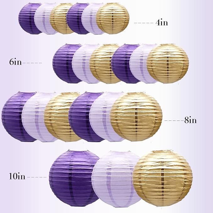 21-Pack Purple Gold Hanging Paper Lanterns Decorative | Round Lavender Lanterns Party Supplies for Graduation, Wedding, Bachelorette Event, Birthday & Baby Shower