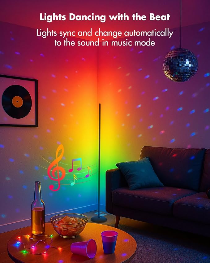 LED Corner Floor Lamp, Smart RGB Corner Lamps for Living Room | APP & Remote Control, Dimmable 16 Million Color Changing & 213 Scenes, Music Sync, Standing LED Lights for Bedroom - Black