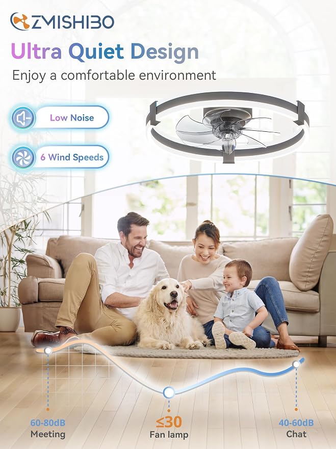 ZMISHIBO 20" RGB Low Profile Ceiling Fans with Lights and Remote, Grey | Custom RGB+3CCT Dimmable, 6 Speeds, Remote/App Control, Reversible DC Motor, Memory, Timer, Modern Fandelier for Kids/Bedroom