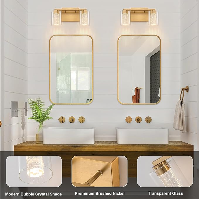 SineRise 2-Light Gold Vanity Light with 3 Color Modes (3000K/4000K/6000K), Eye Protection LED Bathroom Light Fixture, Dimmable Modern Wall Light Over Mirror with Clear Glass Shade