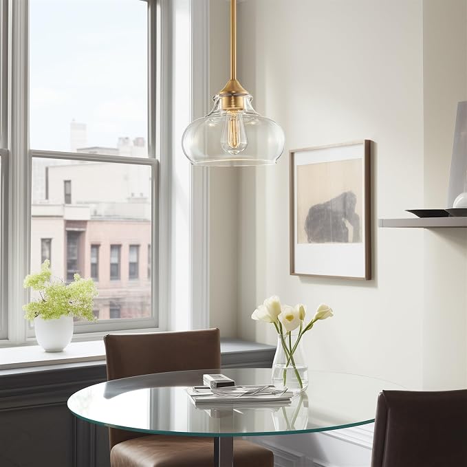 Kira Home Harlow 9" Modern Schoolhouse Pendant Light for Ktichen Island | Clear Glass Shade, Industrial Farmhouse Hanging Fixture, Premium Warm Brass Finish