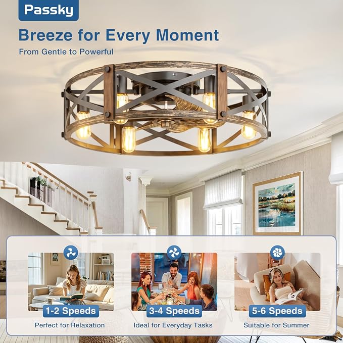 Passky 24" Caged Ceiling Fans with Lights and Remote, Low Profile Fandelier | Reversible DC Motor, 1/2/4/8H Timer, 6 Speeds, Farmhouse, Quiet Operation, 6 E26 Sockets, For Bedroom, Kitchen, Dining Room