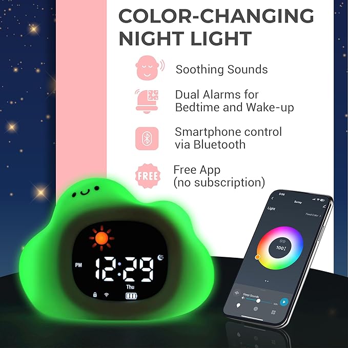 Bumble & Bright Kids Sleep Trainer with App Control - OK to Wake Clock for Kids Ages 4+, Color-Changing Night Light, Alarm & Sound Machine, Simple 1-Routine Setup, Free App, USB-C
